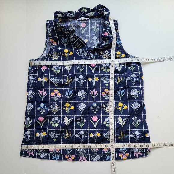 Crown & Ivy Sleeveless Top L Blue Floral 100% Cotton Preppy Ruffle Neck Casual - Picture 6 of 8